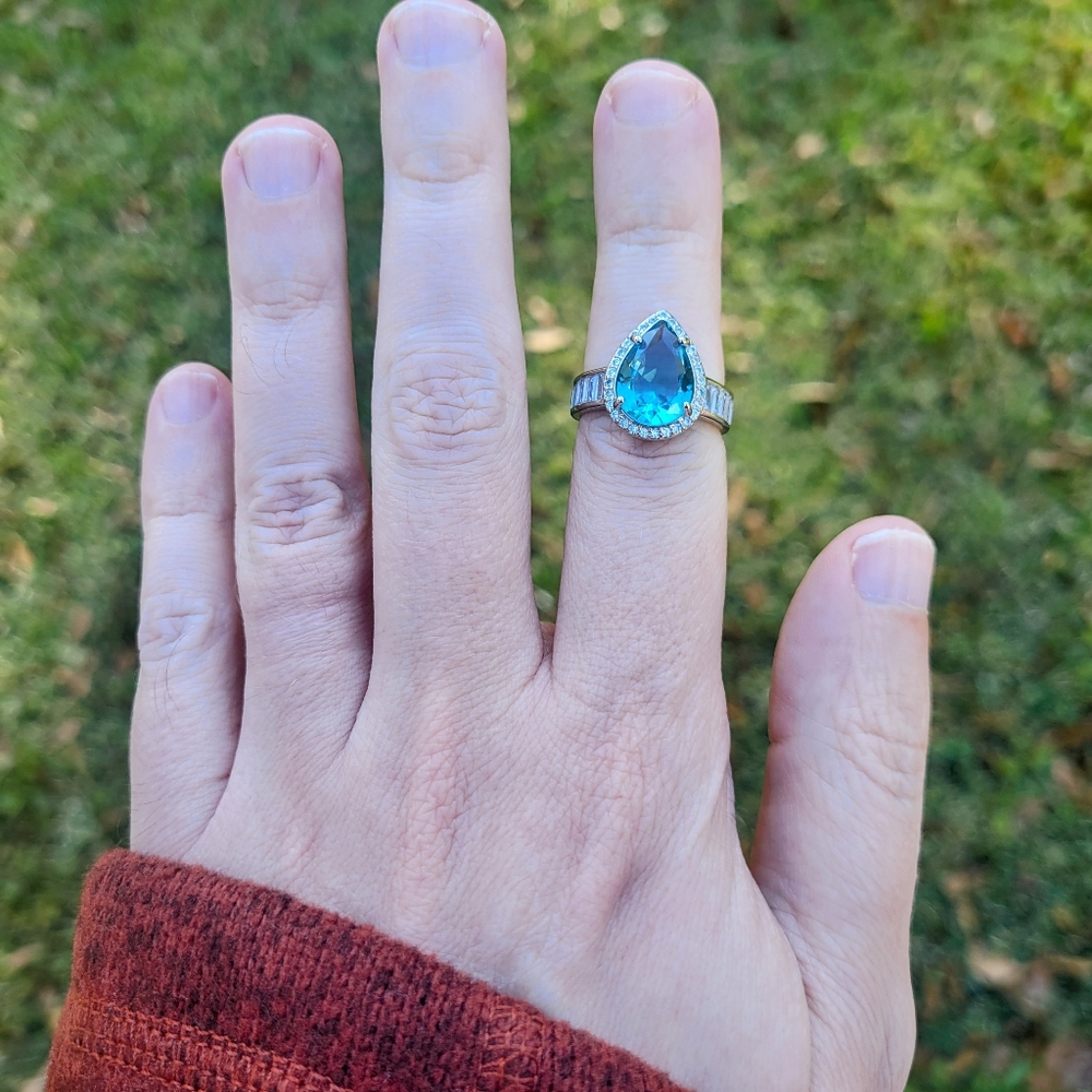 Stunning Sapphire Blue Pear Cut Teardrop 925 Silver Ring - Picture 10 of 13